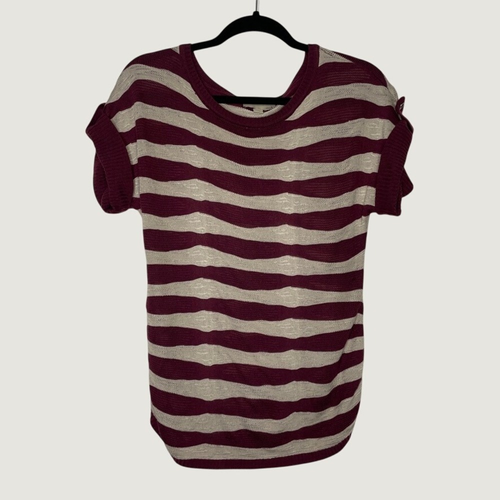 oneA Striped Knit Sweater Top Womens Size S Burgundy Cream Button Sleeve